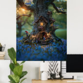 Gnome-Haus in einem Baum umgeben von Bluebells Poster (Heimbüro)