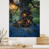 Gnome-Haus in einem Baum umgeben von Bluebells Poster (Küche)