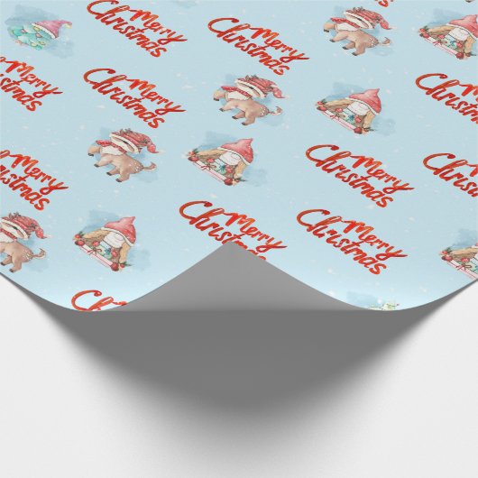 Gnome, Hirsche und Schneemänner in Schneeflocken Geschenkpapier (Ecke)