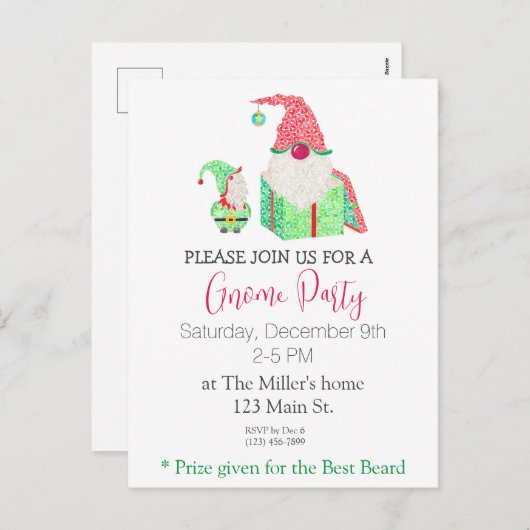 Gnome Holiday Party Einladung Postkarte (Vorne/Hinten)
