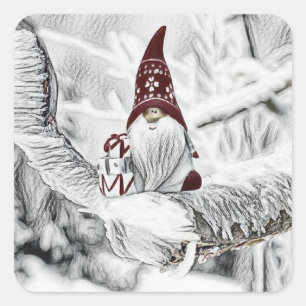 Gnome im Schnee Aquarellmalerei Quadratischer Aufkleber