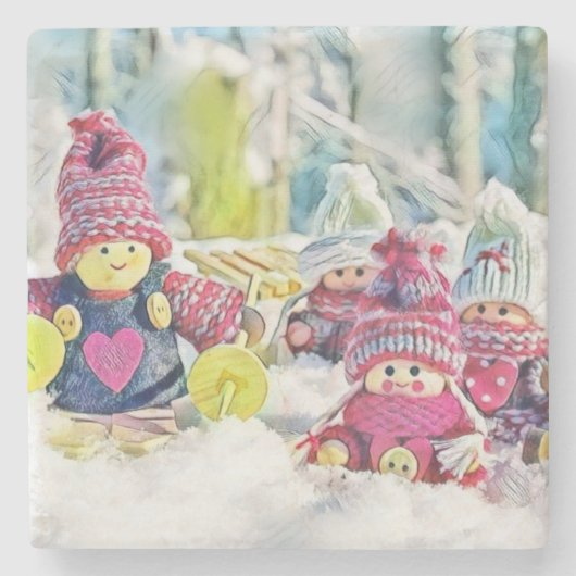 Gnome in der Schneewasserfarbe Vintag Steinuntersetzer (Vorderseite)