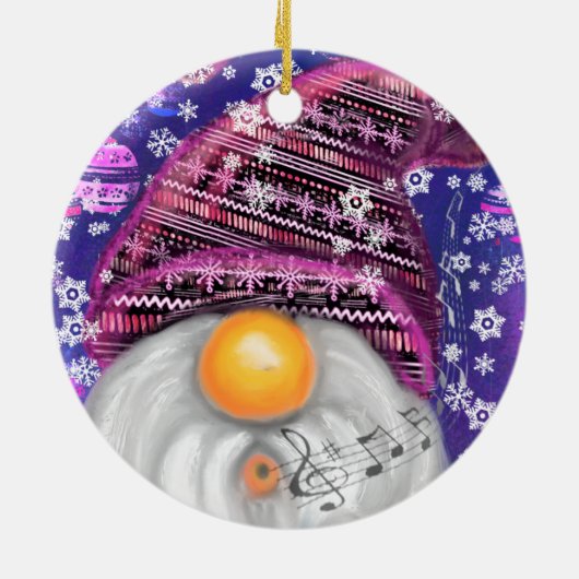 Gnome in Lila Hütten Singt ein Weihnachtslied Spaß Keramik Ornament (Hinten)