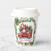 Gnome in rotem LKW gefüllt mit Geschenken Pappbecher (Vorderseite)