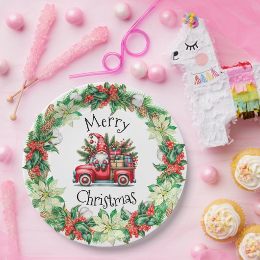 Gnome in rotem LKW gefüllt mit Geschenken Pappteller (Party)