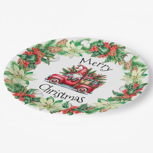 Gnome in rotem LKW gefüllt mit Geschenken Pappteller (Schrägansicht)