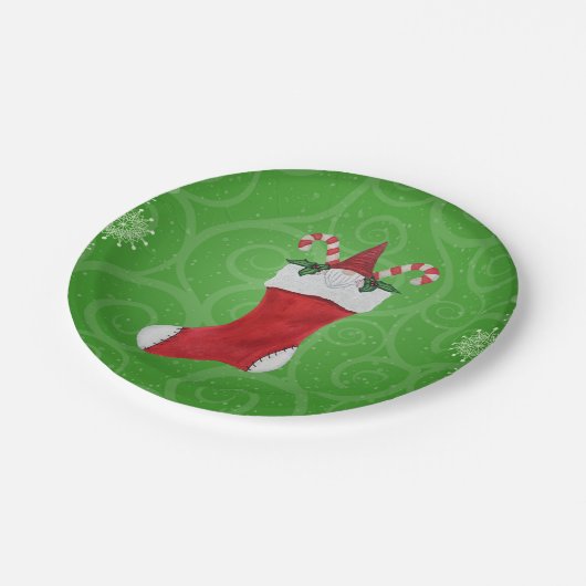 Gnome in Weihnachten Strumpf Grünen Wirbel Schneef Pappteller (Schrägansicht)