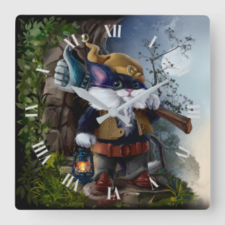 Gnome Katze mit Vorschlaghammer und Lampe geht zur Quadratische Wanduhr