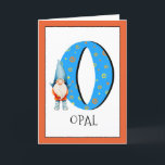 Gnome Kids Letter O Name and Age Birthday Gruß Karte<br><div class="desc">Klicken Sie auf "Anpassen", um die Randfarbe zu ändern. Wenn Sie den Namen und das Alter eines Geburtstagsmädchens oder eines Jungen zu unserer Monogrammkarte hinzufügen, erstellen Sie einen einmaligen, speziell für Kinder gestalteten Geburtstagsgruß. Neben dem großen blauen Buchstaben mit gelben und orangefarbenen Sternen und Spiralen zu stecken ist eines unserer...</div>