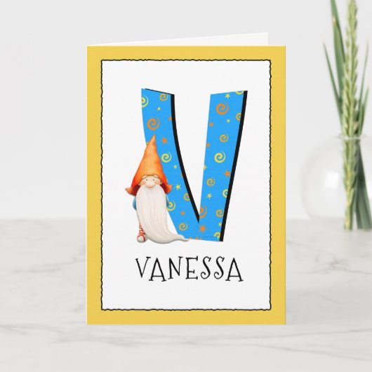 Gnome Kids Letter V Name and Age Birthday Gruß Karte (Vorderseite)