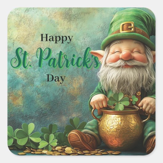 Gnome Leprechaun und Pot of Gold St Patrick's Day Quadratischer Aufkleber (Vorderseite)