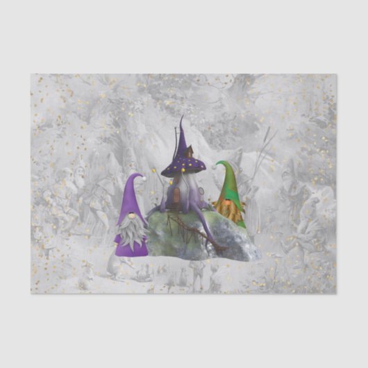 Gnome Lila House Gold Confetti Decoupage Seidenpapier (Vorderseite)