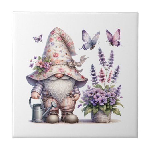 Gnome Lila rosa Blume Lavendel Schmetterlinge Fliese (Vorderseite)