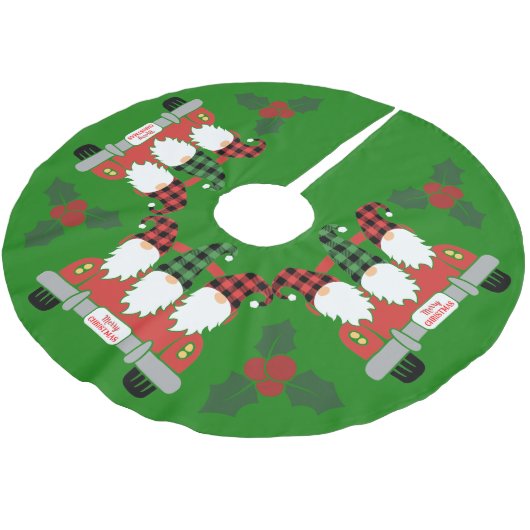 Gnome Merry Christmas Tree Skirt mit Holly Polyester Weihnachtsbaumdecke (Schrägansicht)