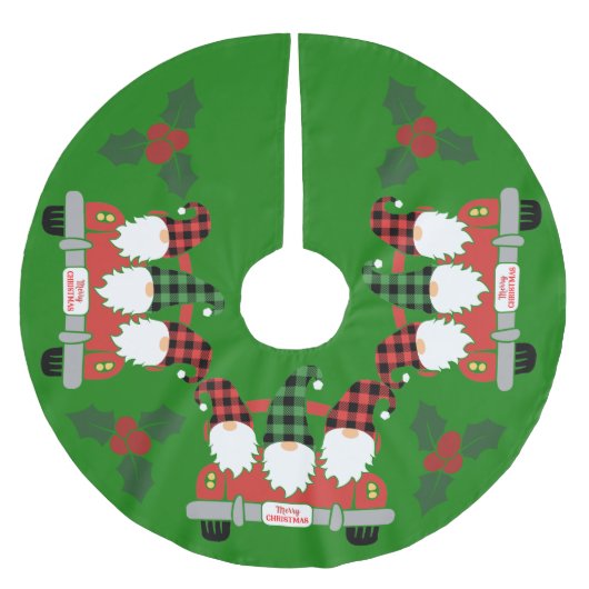 Gnome Merry Christmas Tree Skirt mit Holly Polyester Weihnachtsbaumdecke (Vorderseite)
