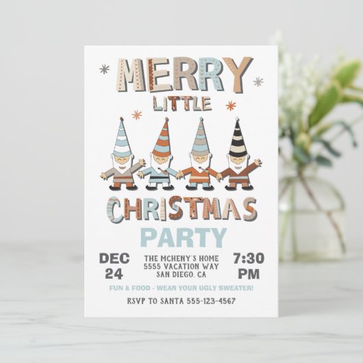 Gnome Merry Little Christmas Party Einladung (Stehend Vorderseite)