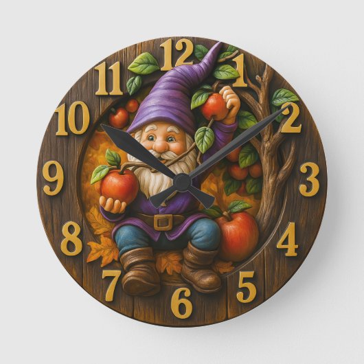 Gnome mit Äpfeln Erntefantasie Runde Wanduhr (Vorderseite)