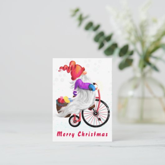 Gnome mit Bike und Geschenke Weihnachtskarte Mitteilungskarte (Stehend Vorderseite)