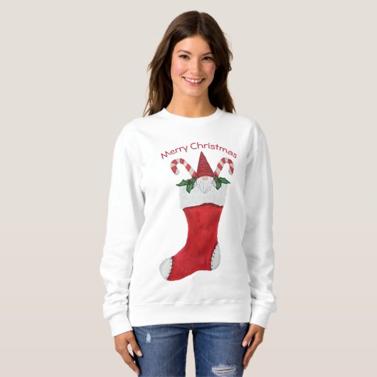 Gnome mit Red Hat in Christmas Strumpf Holly Sweatshirt (Vorne ganz)