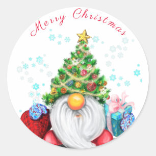Gnome mit Weihnachtsbaum-Hutsticker Runder Aufkleber