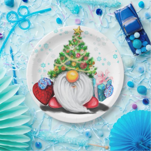 Gnome mit Weihnachtsbaumhut und Geschenk für Sie Pappteller (Party)