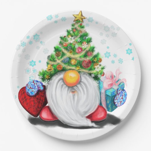 Gnome mit Weihnachtsbaumhut und Geschenk für Sie Pappteller (Vorderseite)