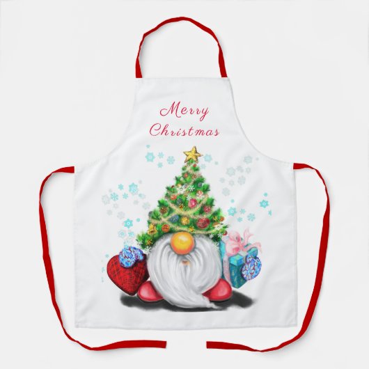 Gnome mit Weihnachtsbaumhut und Geschenk - Spaß Schürze (Vorderseite)