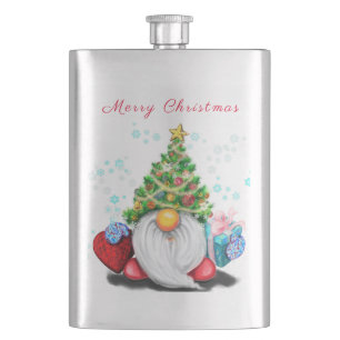 Gnome mit Weihnachtsbaumhut und Geschenkflasche Flachmann