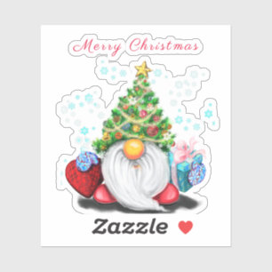 Gnome mit Weihnachtsbaumhut und Geschenksticker Aufkleber