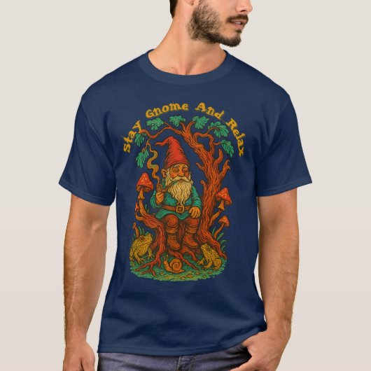 Gnome on Gnarly Tree Retro Psychedelic Art T-Shirt (Vorderseite)