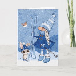 Gnome Rabbit Ski Weihnachtskarte Karte