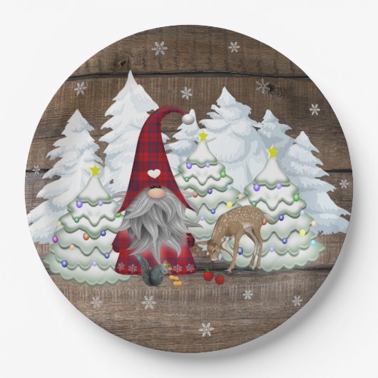 Gnome Red Kariert Eichhörnchen Weihnachtsbaum Pappteller (Vorderseite)