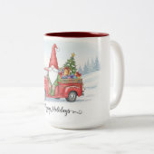 Gnome Red Truck Christmas Mug, Happy Holidays Cup Zweifarbige Tasse (VorderseiteRechts)