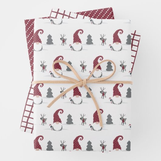 Gnome & Rentiere, Gitter und Punkte Skandinavien Geschenkpapier Set (Beispiel)
