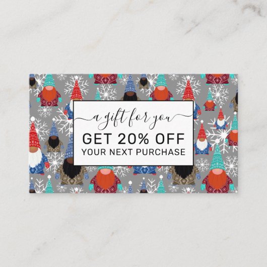 Gnome Snowflake Illustrationen Weihnachtsmuster Rabattkarte (Vorderseite)
