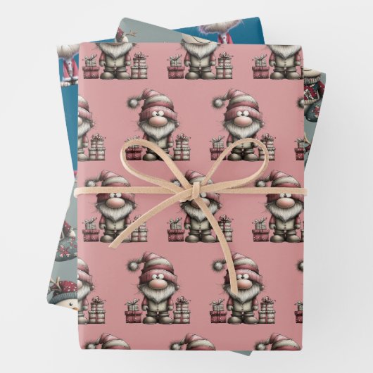gnome, snowman,  cute tired santa elf cat geschenkpapier set (Beispiel)