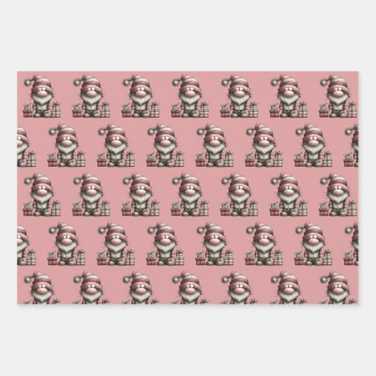 gnome, snowman,  cute tired santa elf cat geschenkpapier set (Vorderseite)