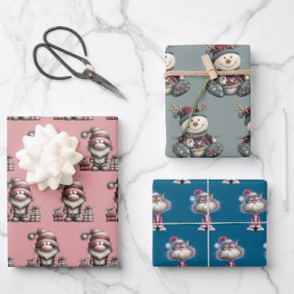 gnome, snowman, cute tired santa elf cat geschenkpapier set