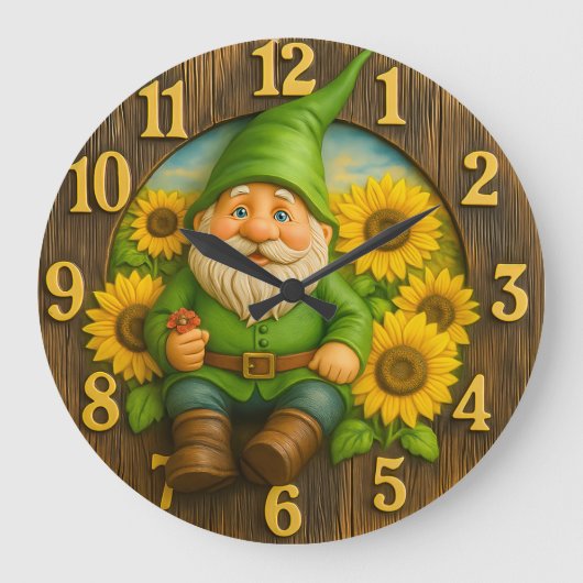 Gnome Sunshine Elf Garden Clock Große Wanduhr (Vorderseite)