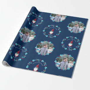 Gnome Sweet Gnome Blumenkreath Custom Foto Blue Geschenkpapier