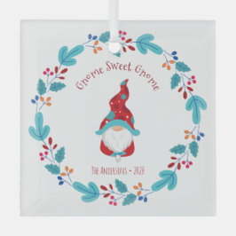 Gnome Sweet Gnome Elf Blumenreath Whimsical Fun Ornament Aus Glas