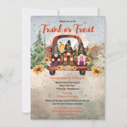 Gnome Trio in Truck Halloween Trunk oder Leckerei Einladung (Vorderseite)