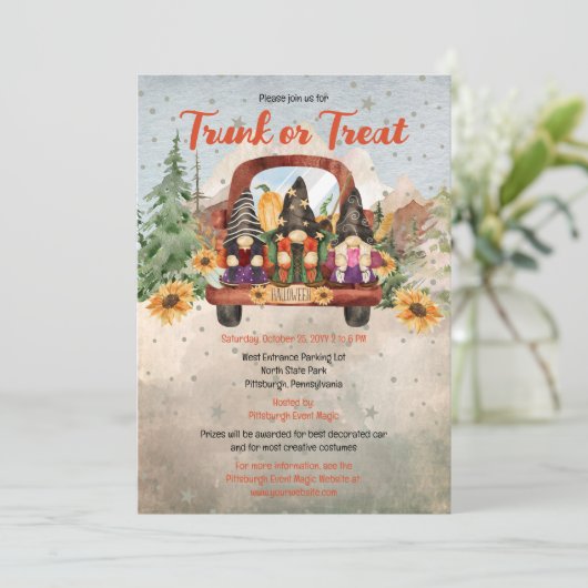 Gnome Trio in Truck Halloween Trunk oder Leckerei Einladung (Stehend Vorderseite)