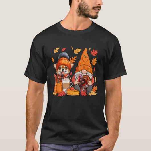 Gnome Turkey Chihuahua Erntedank Herbstlaubs Pu T-Shirt (Vorderseite)