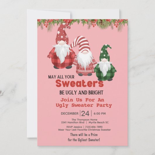 Gnome Ugly Sweater Christmas Party Invitation Einladung (Vorderseite)
