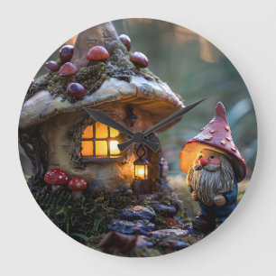Gnome und ein Pilzhaus, Fantasy Design Große Wanduhr