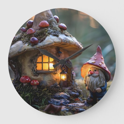 Gnome und ein Pilzhaus, Fantasy Design Große Wanduhr (Vorderseite)