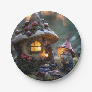 Gnome und ein Pilzhaus, Fantasy Design Pappteller