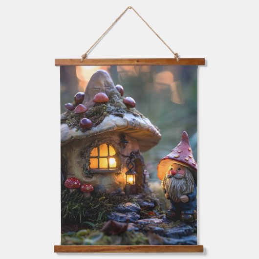 Gnome und ein Pilzhaus, Fantasy Design Wandteppich Mit Holzrahmen (Vorderseite)