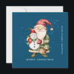 Gnome und Snowman frohe Weihnachtsgeschenk Feiertagskarte<br><div class="desc">Eine rot gekleidete Gnome steht neben einem Schneemann in einem grünen Strumpf mit Hut und rotem Schal. Sie sind umgeben von einem weißen Schneeabbau, der auf dem dunkelblauen Hintergrund Pop. Die minimalistische Ästhetik entsteht mit einem einfachen Frohen Weihnachten unten und der Firmenname läuft senkrecht auf dem rechten Rand. Eine bearbeitbare...</div>